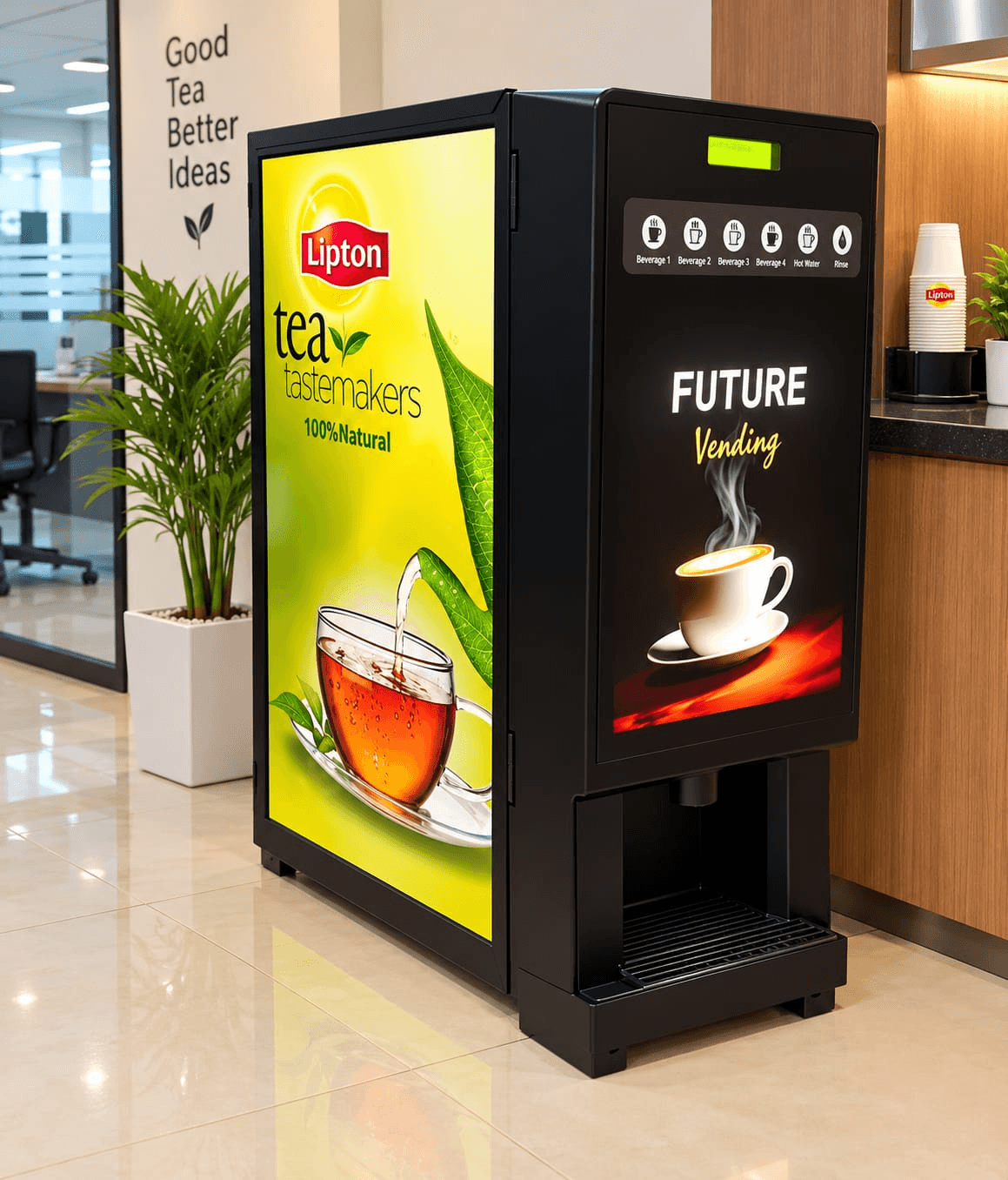 Future Vending hot-beverage machine with Lipton tea branding in an office pantry
