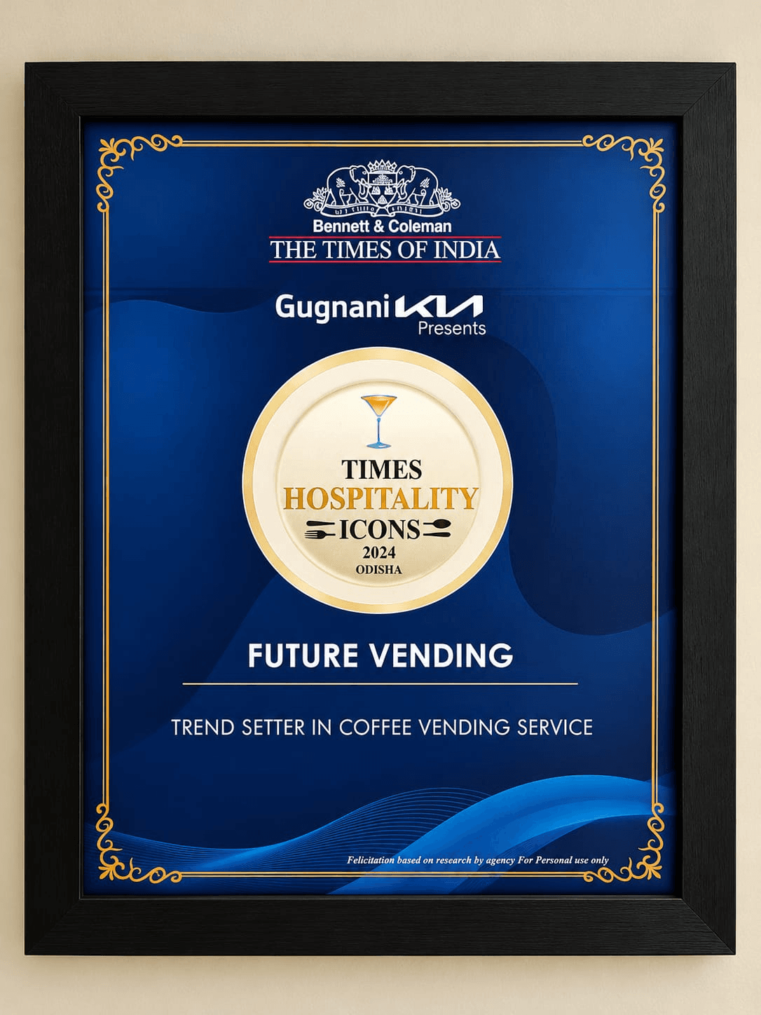 Framed Times Hospitality Icons 2024 certificate recognising Future Vending as a trend setter in coffee vending service