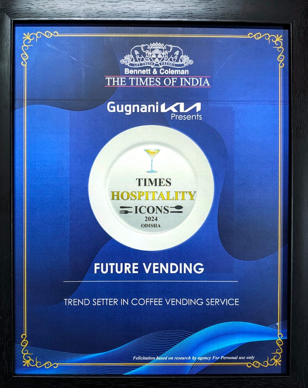 Times Hospitality Icons 2024 Odisha recognition presented to Future Vending